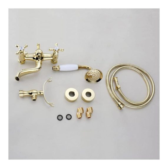 Antik Messing Badewannenarmatur mit Handbrause - Retro Wandmontage Zwei Griffe Gold Duscharmatur