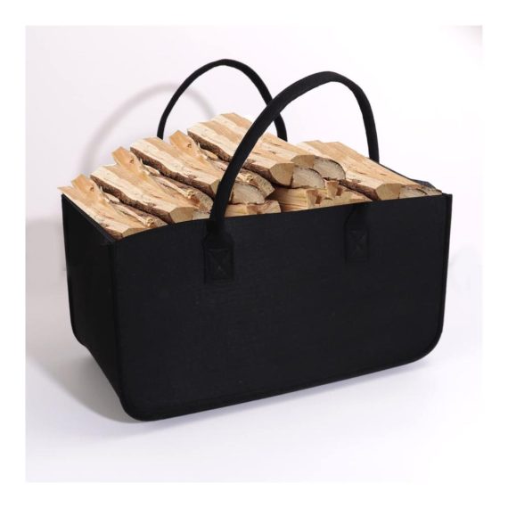 2er Set Große Filztaschen für Holzkörbe und Kaminholz - Schwarz | Faltbarer Filz Shopper für Zeitungen und Einkäufe | Praktischer Kaminholzkorb in Maßen (Schwarz-2 Pcs Set
