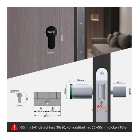 AVATTO Smart Elektronisches Türschloss - 60mm (30/30) mit Fingerabdruck Schlüssel IC-Karte Smart Life App Bluetooth - Zylinderschloss für sichere und bequeme Türkontrolle