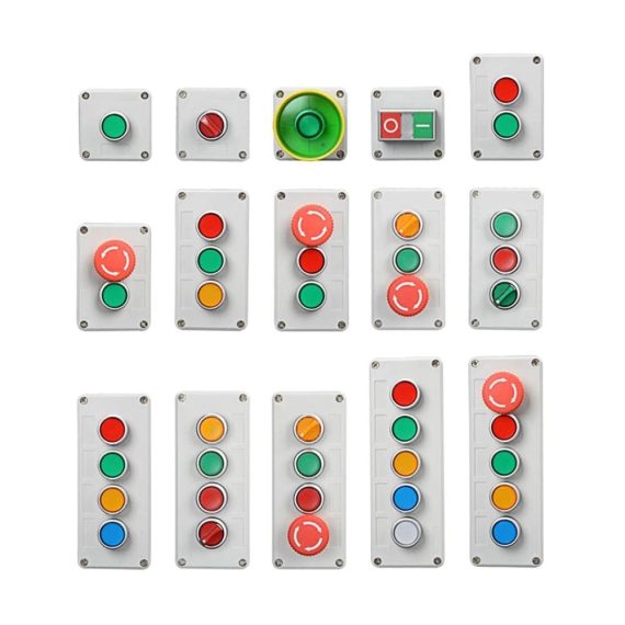 Industrie-Druckschalter DOUKI Selbstrückstellender Kurzhubtaster mit Lichtschalter Not-Taste 24 V/220 V wasserdichte Steuerbox (3 Green Red Green 220V