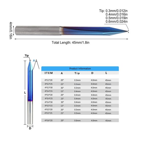 11-teiliges CNC-Fräser-Bit-Set 4mm/02 Zoll 2-schneidig V-Gravur mit Nano-Blau-Beschichtung Wolframstahl Hochglanz-Finish - Ideal für präzise Fräsarbeiten und vielseitige Anwendungen