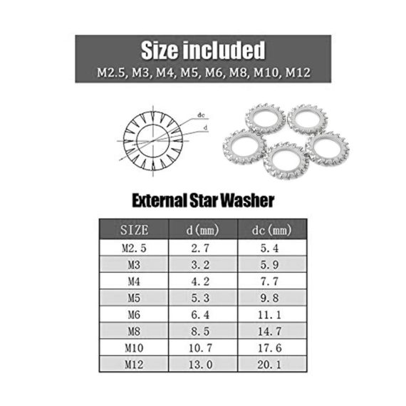 304 Edelstahl Flache Unterlegscheiben Set mit Zaky Extern Star Zahn - 300 Stück M2-M12 - Dichtung Sicherungsscheiben Sortiment Kit in Silber
