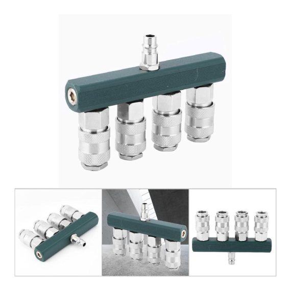 Druckluftverteiler 1/4 Zoll 4fach mit Wandanschluss und Schnellkupplungen - Hochwertiges Messing Anschluss- & Verbindungsstücke Set für effiziente Druckluftverteilung