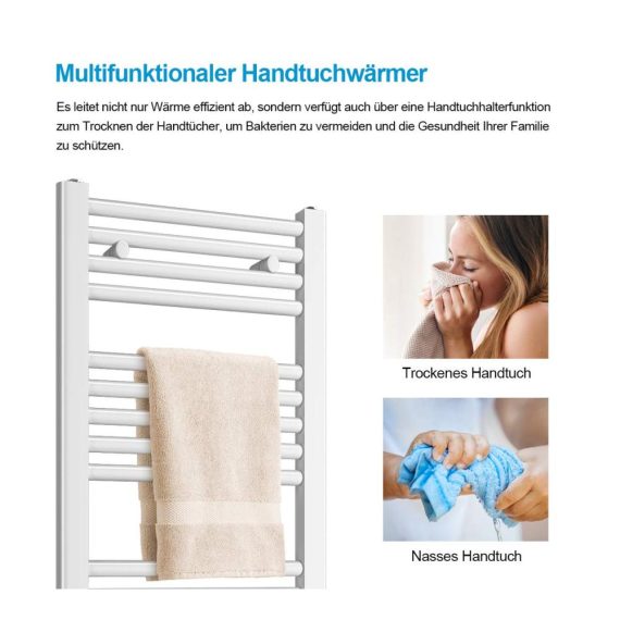 Badheizkörper 160x50 cm Weiß - Energiesparender Handtuchtrockner für Ihr Bad mit 654 Watt Leistung Mittelanschluss und Untenanschluss - Moderner Handtuchwärmer für optimale Heizungseffizienz