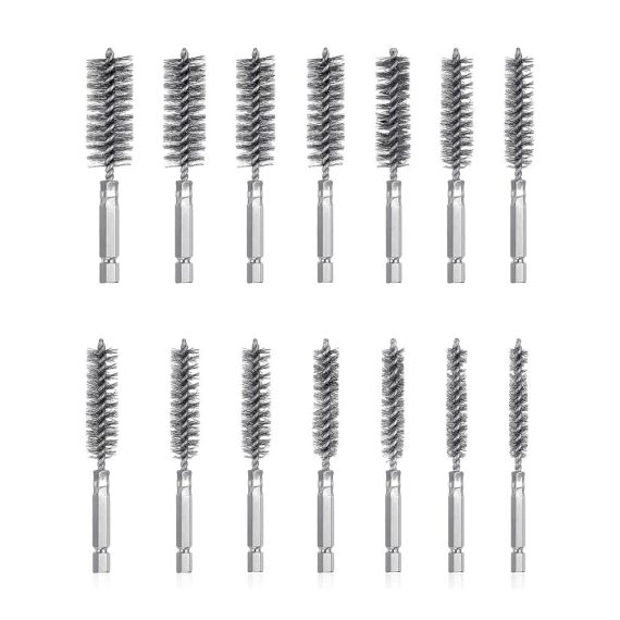 14-teiliges Set Edelstahl-Drahtbürsten für Bohrmaschinen - Verschiedene Größen für Zylinder- Bohrloch- Ofenrohr- und Kesselreinigung. Ideal zum Polieren und Schleifen