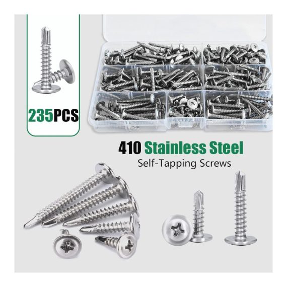 Blechschrauben-Set 235 Stück M4.2 Selbstschneidende Bohrschrauben mit großem gewölbtem Kopf aus Edelstahl – Selbstbohrend Selbstschneidend mit praktischer Box – Größen M4 * 38mm/32mm/25mm/19mm/16mm/13mm
