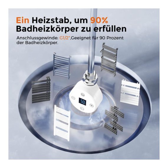 Elektrischer Heizstab 900W mit Thermostat - Effiziente Edelstahl-Heizpatrone für Badheizkörper Handtuchwärmer und Heizungen - Temperaturkontrolle - Weiß