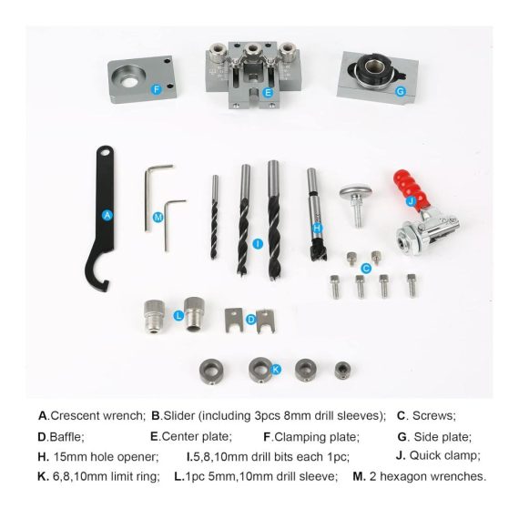 15mm Taschenloch Bohrschablone mit 3-in-1 Doweling Jig Set 5/8/10-mm Bohrern Positionierungsclip Bohrführung und Puncher Locator für Holzbearbeitung