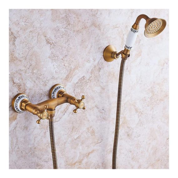 Antike Messing Wandmontage Badewannenarmatur mit Handbrause - Retro Stil Zwei Griffe Duscharmatur