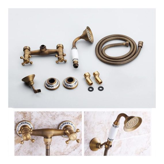 Antike Messing Wandmontage Badewannenarmatur mit Handbrause - Retro Stil Zwei Griffe Duscharmatur