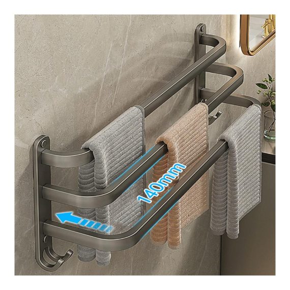 3-stöckiger Aluminium Handtuchhalter ohne Bohren - Wasserdichtes Badetuchregal mit Haken für Badezimmer & Küche - Platzsparendes Handtuchhalter-Schuhregal (Grau 60cm