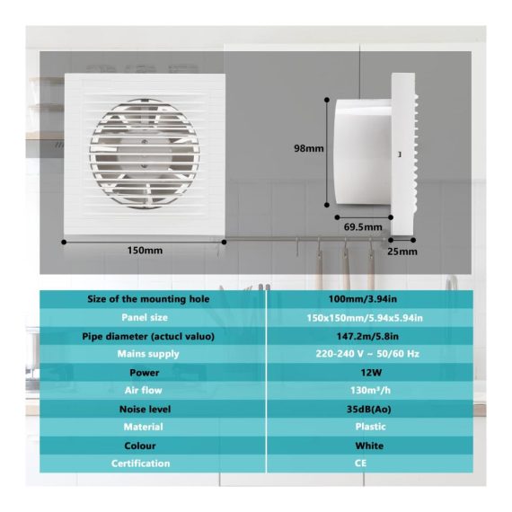 Leiser Ø100mm Badlüfter 130m³/h - Effizienter Wandventilator für Badezimmer & WC Weiß - Abluftventilator mit Rücklaufklappe für Entfeuchtung und Belüftung