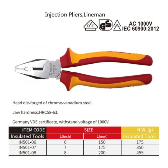 Isolierte Linesman-Zange 152 cm | VDE 1000V Kombizange mit rutschfesten Griffen | HRC 58-63 Backenhärte | Elektriker Seitenschneider für präzise Arbeiten
