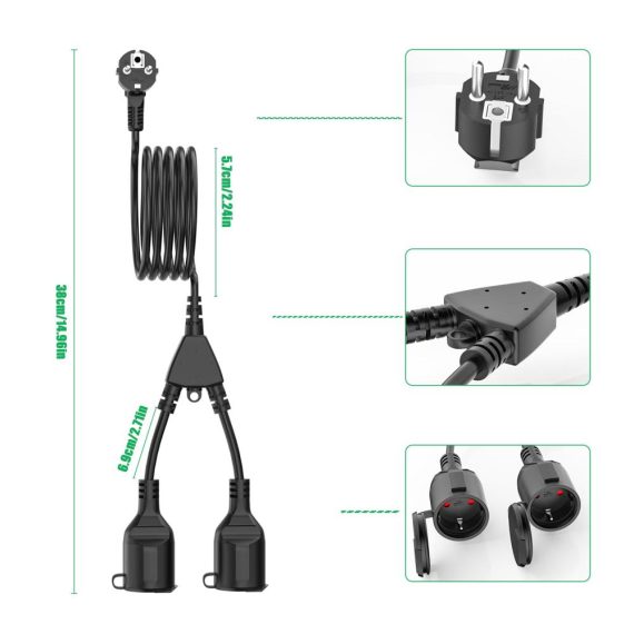 5m Verlängerungskabel mit Doppelstecker für Outdoor-Steckdosen - Schwarz 15mm² Stromkabel 2-fach Steckdose inklusive