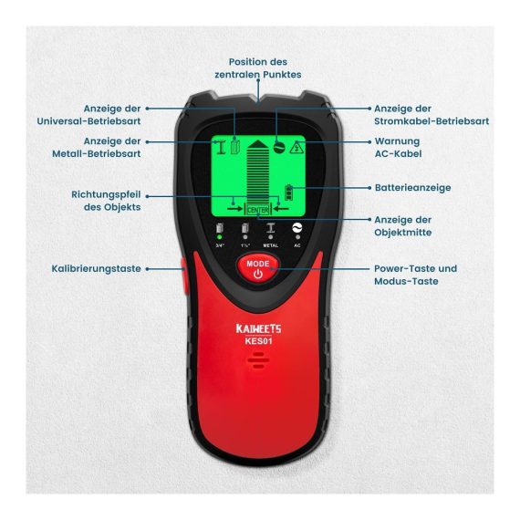 KAIWEETS KES01 Wand Scanner Präzises Feuchtigkeitsmessgerät & Ortungsgerät für Holzbalken Metallrohre & AC-Stromleitungen - Optimale Bohrpositionsermittlung