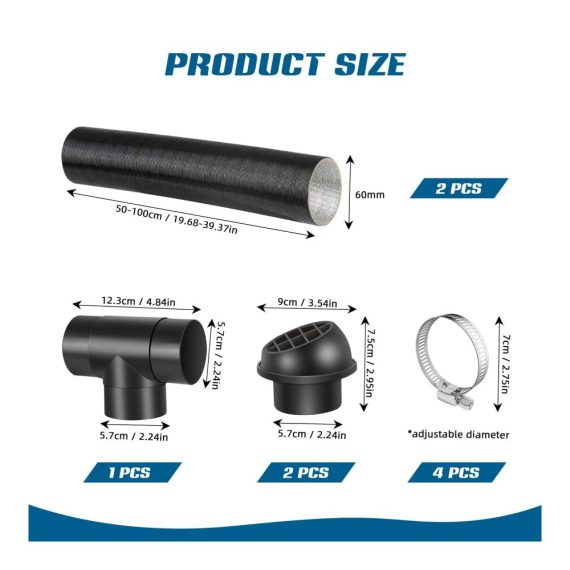 Luftrohre & -schläuche 60 mm Durchmesser für Autoheizung | Heizungsschlauch T-Stück Warmluftauslass Entlüftungsklemmen - Ersatzzubehör