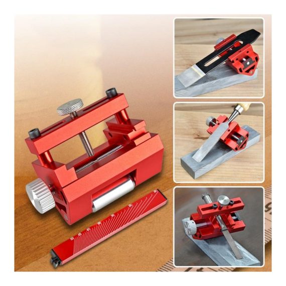 Naturschleifsteine mit präziser Schleifführung - Profi-Winkelschärfer aus Aluminiumlegierung für Holzbearbeitung mit Schneideklingen und Honwinkelführung in Rot