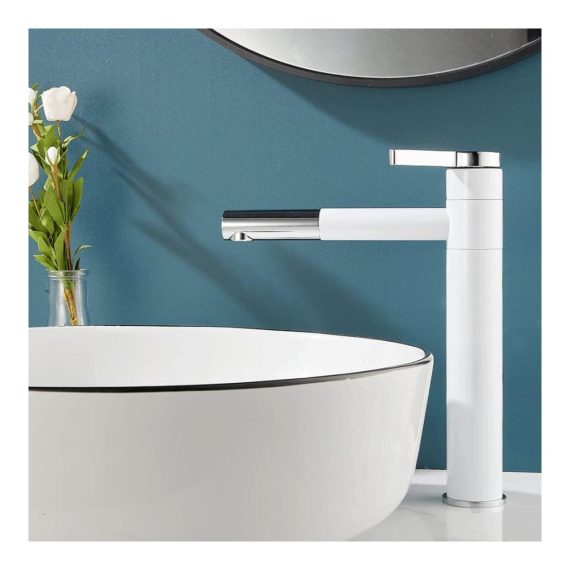 360° Drehbarer Hoch-Waschtischarmatur mit Einhebelmischer Touch-On-Funktion 50cm Flexible Schläuche Moderne Einfachheit - Weißes Messing-Wasserhahn fürs Bad