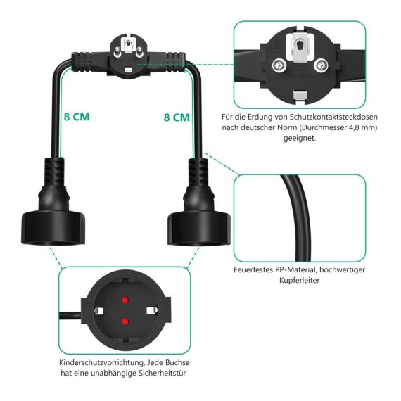 2-in-1 Steckdosenadapter mit Schutzkontakt Flexiblem Verlängerungskabel (250V/13A) – Doppelstecker für Küche und Zuhause Mehrfachsteckdose mit 2 Schuko Steckdosen 3x1.5mm² Kabel