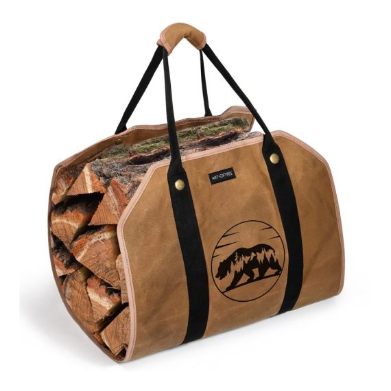 Extra Großer Holzkorb aus Segeltuch mit Verstärkten Griffen – Kaminholzträger und Brennholztasche für Schweren Holztransport – Filzkorb in Braun für Stilvollen Kaminholzhalter