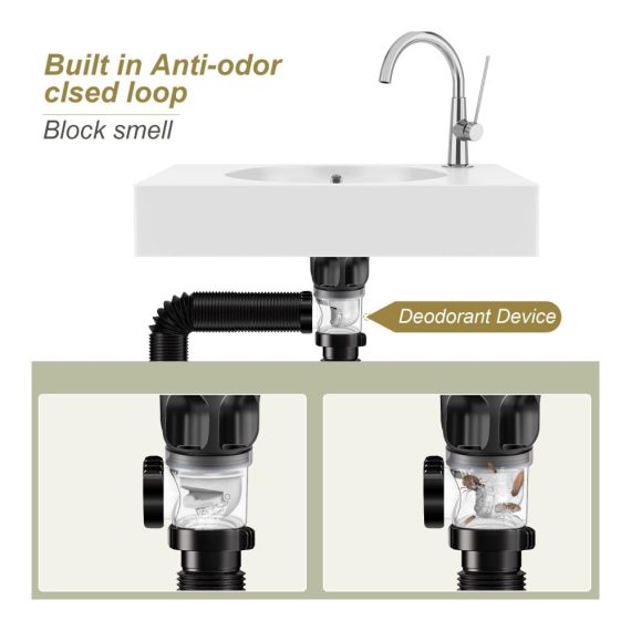 Flexibler Siphon für Waschbecken & Spülen | Geruchsdichter Ablaufschlauch mit Pop-Up-Filter | Erweiterbar auf 300-1000mm