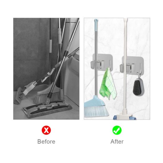 Mop und Besenhalter Set aus Edelstahl - Wandhalterung Organizer für Küche Garage und Garten - Selbstklebend und Bohrfrei - 4 Stück mit Haken