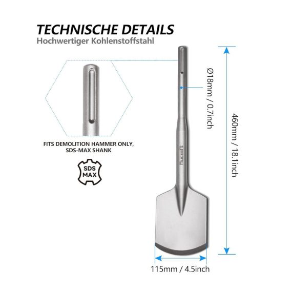 SDS MAX Bohrer & Schaufelmeißel 115X460mm – Ideal zum Abbruch von Beton & Mauerwerk