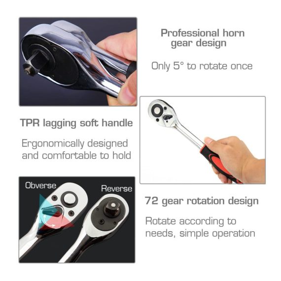 HWTONG 3-teiliges Ratschenschlüssel-Set mit 72-Zahn Umschaltknarren - 1/4 zoll 3/8 zoll und 1/2 zoll Antrieb Ergonomischer Griff für optimale Handhabung