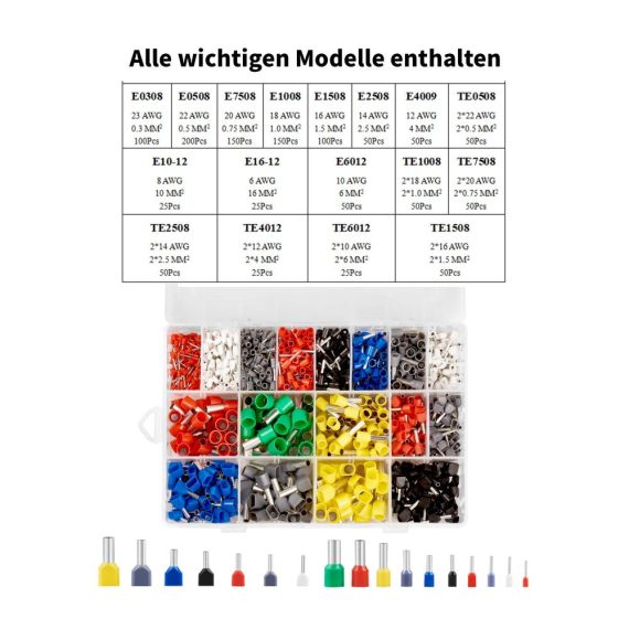 1200-teiliges Set Isolierte Twin & Einzeilige Aderendhülsen 03-16 mm² | Anschlussklemmen & Kits
