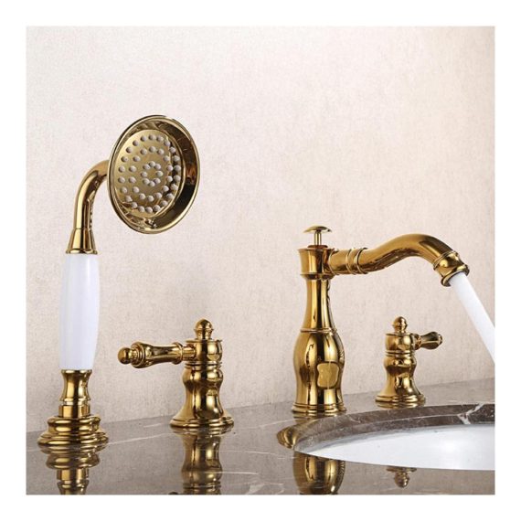 Badewannenarmatur 4-Loch Kupfer Titan Gold - Praktische Wannenrandarmatur mit Zwei Griffen für Kalt und Kaltwasser - Moderne Wannenkombination Wasserhahn für stilvolle Badewannen