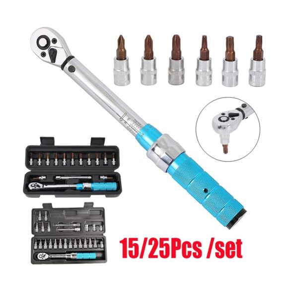 Drehmomentschlüssel-Set 15-teilig (1/4 Zoll 2-24 Nm) - Professionelles Fahrrad Werkzeug-Kit mit Sechskantschlüssel und Steckschlüsselsatz