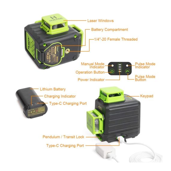 Grüner 360° Kreuzlinienlaser B03CG Pro mit Lithium-Ionen Akku Selbstnivellierung Typ C Ladeanschluss und Hartschalenkoffer – Lasermessgerät & Zubehör