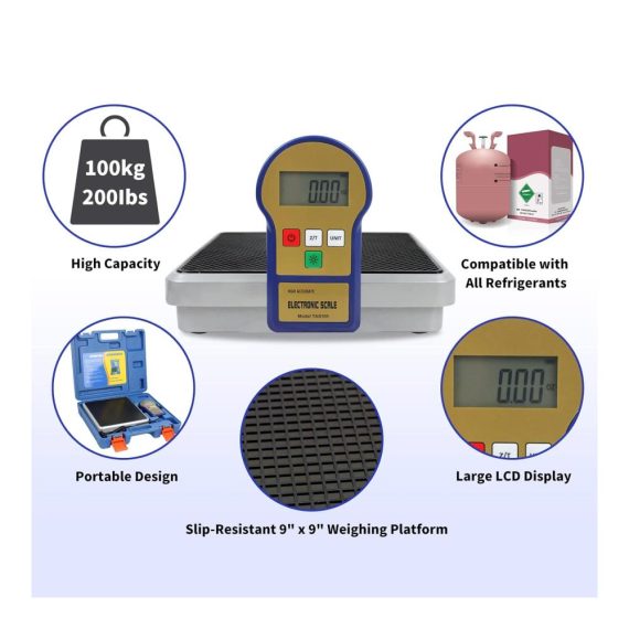 Elektronische Kältemittelwaage 100 kg mit LCD-Anzeige Beleuchtung 9V-Batterie und Koffer
