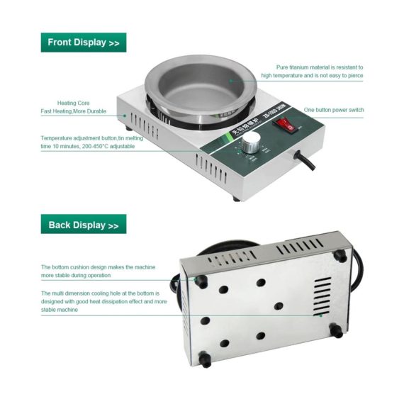 Löttiegel 200W Professioneller Bleifreier Lötkolben mit 50MM Titan-Schmelztiegel 500G Kapazität einstellbare Temperatur 200-450°C inkl. Extra Lötpaste und Schaber