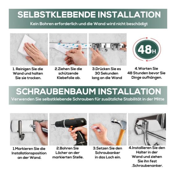 2 Stück Selbstklebende Edelstahl Besenhalterung - Wandhalterung mit Halterungen und Haken für Besen Mops Werkzeuge und Gartengeräte - Ideal für Badezimmer Küche und Zuhause