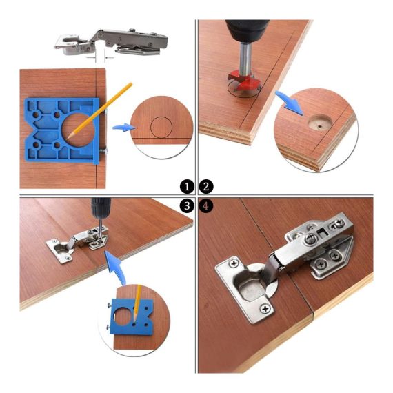 4-teiliges Set Präzisions-Forstnerbohrer für verdeckte Scharniere und Bohrvorrichtung | 35 mm Holzbohrer für Möbel Türen & Schränke