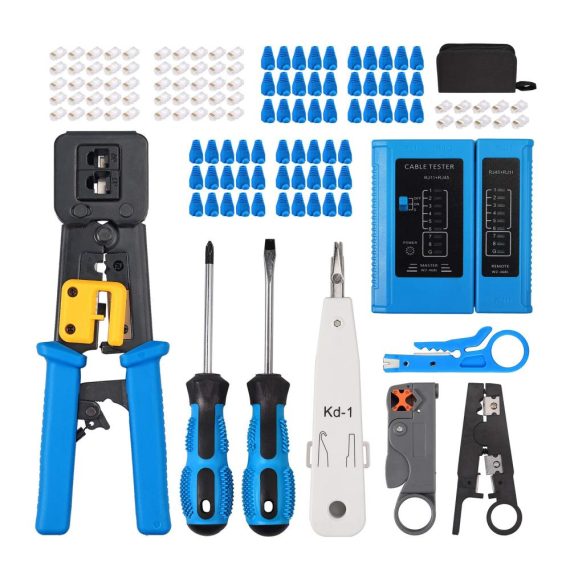 128-tlg Crimpzangen Netzwerk Werkzeug Set - Professionelles Auflegewerkzeug und Reparaturkit für RJ11 RJ12 RJ45 CAT5e CAT6 - Inklusive Kabeltester Patchkabel Tester und Computer Wartungstools