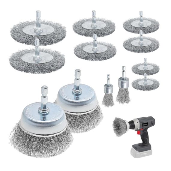 Drahtbürsten-Set für Bohrmaschinen 12-teiliges Runddrahtbürsten-Kit mit Sechskantstäben - Ideal zum Schleifen Polieren Entrosten Reinigen und Stoßdämpfung