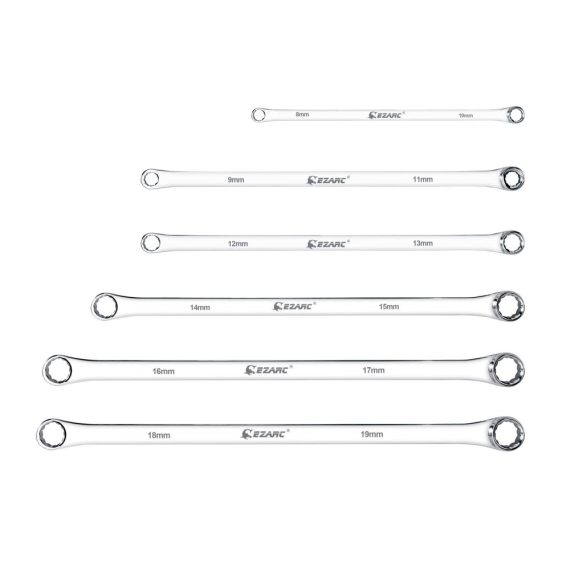 Doppel Ringschlüssel Satz – Hochwertige Ringmaulschlüssel aus CV-Stahl 6-tlg. Extra lang 8mm-19mm Profi-Schraubenschlüssel-Set