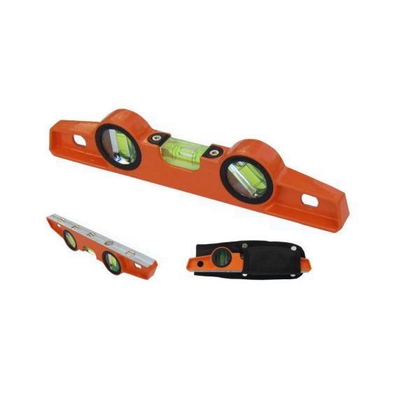 Magnetische Profi-Wasserwaage mit Fräs-V-Nut-Basis 254 cm Länge 5 Seltenerdmagneten für sicheren Halt Druckguss-Magnet-Torpedo-Wasserwaage 250 mm inklusive Holster