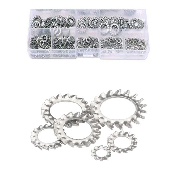 304 Edelstahl Flache Unterlegscheiben Set mit Zaky Extern Star Zahn - 300 Stück M2-M12 - Dichtung Sicherungsscheiben Sortiment Kit in Silber