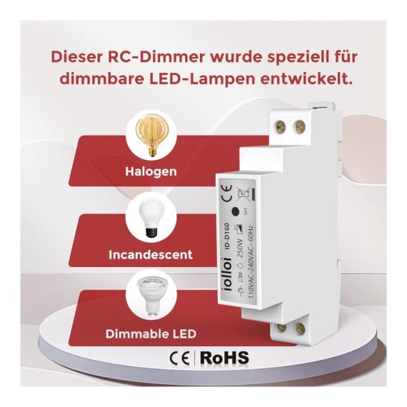 Dimmschalter iolloi - Fortschrittlicher LED Dimmer für dimmbare Lampen (5–250W) - Phasenabschnitt RC Dimmerschalter - Bequeme Lichtsteuerung für LED Glühlampen und Halogen