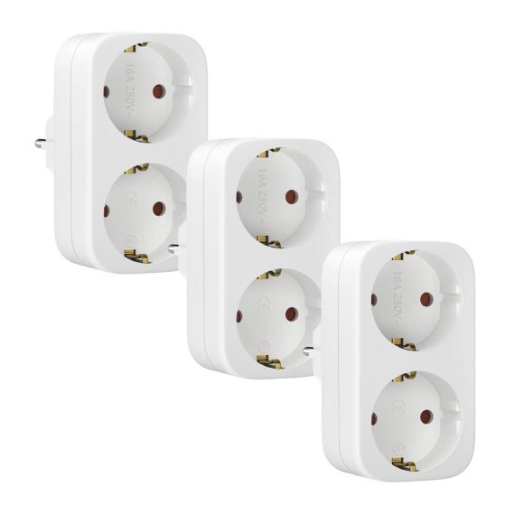 2 Fach Steckdosenadapter 3er Pack - 250V/16A 3680W Max - Schuko Doppelstecker für Haushaltsgeräte & Smartphones - Tragbare Mehrfachstecker 1 auf 2 Adapter
