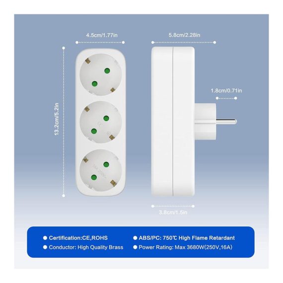 2er-Pack Steckdosenleiste mit 3-in-1 Steckdosenadapter – Ideal für Büro Zuhause & Reisen AC 250V/16A 3680W Max